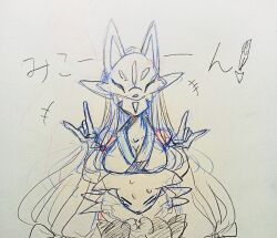 Rule 34 | breasts, digimon, digimon (creature), fox mask, highres, japanese clothes, large breasts, long hair, mask, miko, renamon, sakuyamon, sakuyamon miko mode, sketch