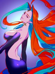 Rule 34 | 1girl, backless dress, backless outfit, breasts, bright pupils, cleavage, dress, earrings, gradient background, hair intakes, highres, jewelry, large breasts, long hair, looking at viewer, macross, macross plus, multicolored hair, open mouth, pointy ears, sharon apple, smile, solo, two-tone hair, very long hair, white pupils, yuccoshi