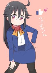 Rule 34 | 1girl, ahoge, black hair, black pantyhose, blue jacket, blue skirt, character name, commentary request, expressionless, facebook, facebook-san, formal, hair between eyes, hair flaps, hand on own hip, hand on own leg, heart, highres, jacket, long hair, long sleeves, looking at viewer, neckerchief, orange neckerchief, pantyhose, pencil skirt, personification, pink background, red eyes, shirt, sidelocks, simple background, skirt, skirt suit, solo, suit, thumbs up, tsukigi, twitter-san, white shirt