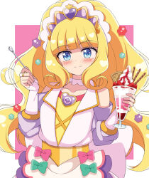 Rule 34 | 1girl, blonde hair, blue eyes, blunt bangs, blush, brooch, choker, cure finale, delicious party precure, food, heart, heart brooch, high ponytail, highres, ice cream, jewelry, kasai amane, keima (mfng4224), long hair, magical girl, precure, sidelocks, smile, solo, sorbet (food), spoon, white choker