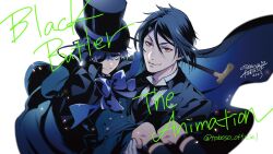 Rule 34 | 2boys, black hair, blue eyes, butler, cane, carrying, carrying person, ciel phantomhive, eyepatch, feet out of frame, hair between eyes, hat, highres, holding, holding cane, kuroshitsuji, looking at viewer, male focus, multiple boys, necktie, official art, princess carry, promotional art, red eyes, sebastian michaelis, sidelocks, smile, toboso yana, top hat, upper body, white background, wind