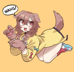 Rule 34 | 1girl, :3, :d, absurdres, animal ears, animal hands, blush, bone hair ornament, brown eyes, brown hair, cocomayo29 (tomato), commentary request, dog ears, dog girl, dog tail, fang, full body, gloves, hair between eyes, hair ornament, highres, hololive, inugami korone, inugami korone (1st costume), jacket, korean commentary, long hair, long sleeves, low twintails, open mouth, paw gloves, red socks, simple background, smile, socks, solo, tail, twintails, virtual youtuber, yellow background, yellow jacket