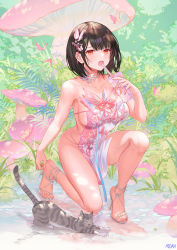 Rule 34 | 1girl, animal print, artist name, atdan, bare arms, bare legs, breasts, brown hair, bug, butterfly, butterfly hair ornament, butterfly print, cup, dress, drinking straw, feet, full body, grey cat, hair ornament, hand up, high heels, highres, holding, holding cup, insect, large breasts, lily (atdan), looking at viewer, mushroom, nature, on one knee, open mouth, original, outdoors, pink butterfly, plant, print dress, red eyes, reflection, reflective water, revision, sandals, short hair, solo, strapless, strapless dress, white dress