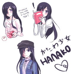 Rule 34 | !, 10s, 1girl, akimiya, black hair, book, cabbie hat, casual, character name, cup, english text, hair over one eye, hat, heart, holding, ikezawa hanako, katawa shoujo, long hair, lowres, multiple views, open book, piano (agneschen), purple eyes, scar, school uniform, shy, simple background, teacup, teapot, text focus, white background