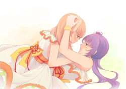 Rule 34 | 2girls, armpit crease, back bow, bow, bow earrings, cerise bouquet, closed mouth, commentary, dress, earrings, eye contact, face-to-face, girl on top, green background, green eyes, hairband, hand on another&#039;s cheek, hand on another&#039;s face, hand on another&#039;s head, highres, hinoshita kaho, jewelry, lace hairband, link! like! love live!, long hair, looking at another, love live!, lying, medium hair, multiple girls, on back, orange background, orange hair, orange sash, orange trim, otomune kozue, purple hair, risai, side ponytail, sidelocks, single-shoulder dress, sleeveless, sleeveless dress, smile, suisai sekai (love live!), vignetting, watercolor background, white background, white dress, yuri