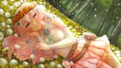 Rule 34 | 1girl, belt, blue necktie, brown belt, closed mouth, commentary, detached sleeves, dutch angle, english commentary, field, flower, flower field, forest, hair flower, hair ornament, hair spread out, head wreath, highres, indie virtual youtuber, long hair, long sleeves, looking at viewer, lying, lyrica (vtuber), miniskirt, nature, necktie, on side, pink hair, pink skirt, purple eyes, skirt, smile, solo, temachii, virtual youtuber, white flower