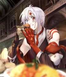 Rule 34 | 1boy, allen walker, bare shoulders, black jacket, black nails, blue eyes, blurry, blurry background, blurry foreground, burger, colored skin, d.gray-man, eating, facial mark, fingernails, food, food on face, fukuzawa yukichi (egoist867), heterochromia, highres, holding, holding food, indoors, jacket, long sleeves, male focus, nail polish, necktie, omelet, omurice, red eyes, red necktie, red skin, shirt, short hair, silver hair, sitting, solo, white shirt