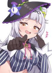 Rule 34 | 1girl, absurdres, black gloves, blunt bangs, blush, breasts, chain, chain hairband, cleavage, cropped shirt, gloves, grey hair, grey shirt, hair bun, hair ornament, hashira 14, hat, head chain, highres, hololive, jewelry, looking at viewer, murasaki shion, murasaki shion (1st costume), open mouth, pointing, pointing at viewer, purple headwear, shirt, sidelocks, single hair bun, small breasts, smug, star (symbol), star hair ornament, striped clothes, striped shirt, vertical-striped clothes, vertical-striped shirt, virtual youtuber, witch hat