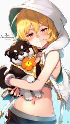 Rule 34 | 1girl, alex (dragalia lost), animal, anniversary, bare arms, bare shoulders, black choker, black gloves, blonde hair, blush, choker, closed mouth, copyright name, cowboy shot, dog, dragalia lost, flower, gloves, gradient background, hair between eyes, hibiscus, highres, holding, holding animal, holding dog, hood, hood up, hooded vest, hoodie, long hair, looking at viewer, mouth hold, nakabayashi zun, navel, orange flower, red eyes, signature, sleeveless, smile, solo, vest, white background, white vest