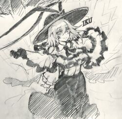 Rule 34 | 1girl, bow, capelet, carbohydrate (asta4282), character name, closed mouth, commentary request, frilled capelet, frills, greyscale, hat, hat bow, highres, lightning, long sleeves, looking at viewer, monochrome, nagae iku, short hair, sketch, skirt, smile, solo, touhou, traditional media