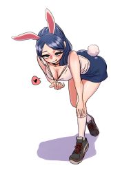 Rule 34 | 1girl, animal ears, bad id, bad pixiv id, blue hair, blue shorts, blush, breasts, cleavage, clothes pull, grey footwear, leaning forward, long hair, medium breasts, original, ponytail, rabbit ears, rabbit tail, royal tea, shadow, shirt, shirt pull, shoes, shorts, simple background, socks, solo, standing, tail, tongue, tongue out, white background, white shirt