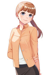 Rule 34 | 1girl, arm behind back, black skirt, blue eyes, blunt bangs, casual, closed mouth, cowboy shot, hand on own arm, head tilt, jacket, long hair, long sleeves, looking at viewer, orange jacket, ponytail, shirt, simple background, skirt, smile, solo, sonoda (mzm), teruya fumika, unbuttoned, white background, white shirt, world trigger