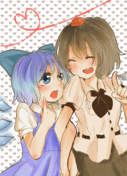 Rule 34 | 2girls, holding another&#039;s arm, asemon, bad id, bad pixiv id, black hair, blue eyes, blue hair, cirno, closed eyes, female focus, hat, holding own arm, multiple girls, open mouth, shameimaru aya, short hair, smile, tokin hat, touhou