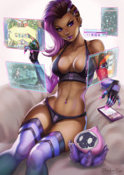 Rule 34 | 1girl, asymmetrical hair, blizzard (company), bra, breasts, cellphone, cleavage, company connection, creatures (company), dandon fuga, dark-skinned female, dark skin, downwell, earrings, eyeshadow, ftl: faster than light, game freak, gen 1 pokemon, hearthstone, holographic interface, jewelry, large breasts, legendary pokemon, lipstick, looking at viewer, makeup, mewtwo, mexico, mole, mole under eye, multicolored hair, navel, navel piercing, nintendo, overwatch, overwatch 1, pachimari, panties, phone, piercing, pokemon, pokemon (creature), pokemon go, purple eyes, purple lips, sidecut, smartphone, smile, solo, sombra (overwatch), starcraft, starcraft 2, stomach, thighhighs, two-tone hair, undercut, underwear, warcraft