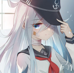 Rule 34 | 1girl, adjusting clothes, adjusting headwear, ahoge, anchor symbol, bandaged neck, bandages, bandaid, bandaid on arm, bandaid on face, baseball cap, blue eyes, blurry, collarbone, commentary request, depth of field, hair between eyes, hair over one eye, hat, hibiki (kancolle), highres, kantai collection, long hair, long sleeves, looking at viewer, luckyes, school uniform, serafuku, sidelocks, smile, solo, sunlight, white hair, window