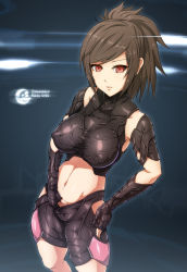 Rule 34 | 1girl, armor, black gloves, black shorts, breasts, brown hair, clothing cutout, covered erect nipples, crescent, eyebrows, gloves, hand under clothes, highres, large breasts, long hair, looking at viewer, midriff, momoka (pso2), motion blur, nandz, parted lips, partially fingerless gloves, petals, phantasy star, phantasy star online 2, ponytail, red eyes, shorts, side cutout, skin tight, solo, stomach, swept bangs