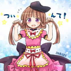 Rule 34 | 1girl, apron, black hat, blue background, blunt bangs, blush, bow, brown hair, dated, dress, flying sweatdrops, gradient background, hat, holding, holding hair, looking at viewer, nishida satono, open mouth, pink dress, pote (ptkan), purple eyes, red bow, red ribbon, ribbon, short hair with long locks, smile, solo, star (symbol), touhou, waist apron, white background