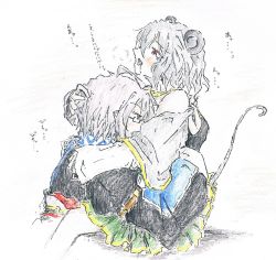 Rule 34 | 1boy, 1girl, ahegao, animal ears, blush, breast smother, bridal gauntlets, drooling, face to breasts, glasses, grey hair, hand on head, hetero, hug, looking up, morichika rinnosuke, mouse ears, mouse tail, nazrin, off shoulder, orange eyes, patyurin119, red eyes, short hair, simple background, sitting, sketch, tail, torogao, touhou, traditional media, translation request, white background
