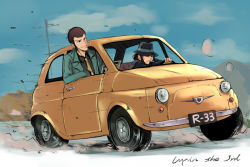 Rule 34 | 2boys, arsene lupin iii, beard, black eyes, black hair, black hat, black jacket, black shirt, blue sky, brown hair, car, castle of cagliostro, cigarette, cloud, collared shirt, copyright name, day, driving, facial hair, green jacket, hat, hidden eyes, jacket, jigen daisuke, left-hand drive, looking up, lupin iii, male focus, motion blur, motor vehicle, mouth hold, multiple boys, necktie, newspaper, open clothes, open jacket, outdoors, pole, power lines, road, shaded face, shirt, short hair, sky, smoke, smoking, speed lines, steering wheel, tai (nazutai), utility pole, vehicle, vehicle focus, very short hair, wheel, yellow necktie