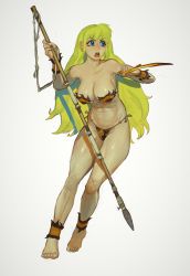 Rule 34 | 1girl, absurdres, ankleband, bandeau, bare shoulders, barefoot, bikini, blonde hair, blue eyes, breasts, caveman, dagger, highres, holding, holding dagger, holding knife, holding polearm, holding weapon, knife, large breasts, long hair, mossacannibalis, navel, open mouth, original, polearm, simple background, solo, spear, spear-thrower, strapless, striped bikini, striped clothes, swimsuit, toenails, weapon, white background, wristband