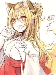 Rule 34 | 1girl, :d, animal ear fluff, animal ears, blonde hair, blush, braid, breasts, chita (ketchup), claw pose, fox ears, fox girl, fox tail, hair between eyes, hands up, japanese clothes, kimono, long hair, long sleeves, looking at viewer, medium breasts, open mouth, original, pleated skirt, red eyes, red skirt, short eyebrows, signature, simple background, sketch, skirt, smile, solo, tail, thick eyebrows, very long hair, white background, white kimono, wide sleeves