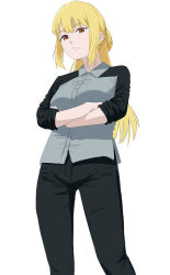 Rule 34 | 1girl, arms under breasts, black pants, black sleeves, blonde hair, breasts, closed mouth, collared shirt, commentary request, cross-shaped pupils, crossed arms, grey shirt, highres, indonesian commentary, laras (roh anima), long hair, looking at viewer, medium breasts, orange eyes, original, pants, roh anima, shirt, sidelocks, solo, standing, symbol-shaped pupils, thick eyebrows, upper body