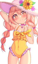 Rule 34 | 1girl, absurdres, arm up, bare arms, bare shoulders, blush, braid, breasts, brown eyes, choker, collarbone, commentary, covered navel, cowboy shot, flower, frilled one-piece swimsuit, frills, hair between eyes, hand on headwear, hat, hat flower, highres, light brown hair, long hair, looking at viewer, one-piece swimsuit, onii-chan wa oshimai!, oyama mahiro, purple choker, rooby n, scrunchie, simple background, small breasts, solo, straw hat, sun hat, swimsuit, symbol-only commentary, thigh gap, twin braids, wavy mouth, white background, wrist scrunchie, yellow one-piece swimsuit