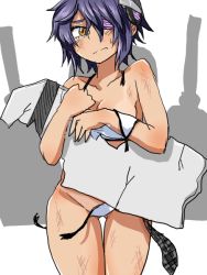 Rule 34 | 10s, 1girl, eyepatch, headgear, kantai collection, kickboard, purple hair, short hair, simple background, solo, suzurino, swimsuit, tenryuu (kancolle), torn clothes, torn swimsuit, yellow eyes