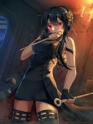 Rule 34 | 1girl, absurdres, artist request, black dress, black hair, black thighhighs, blood, blood on arm, blood on clothes, candlestand, dagger, dress, gold hairband, hairband, highres, holding, holding dagger, holding knife, holding weapon, knife, long hair, looking at viewer, red eyes, solo, spy x family, stiletto (weapon), thighhighs, two-sided dress, two-sided fabric, weapon, yor briar