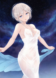 Rule 34 | 1girl, anastasia (idolmaster), blue eyes, blush, breasts, cait aron, collarbone, cowboy shot, dress, hair between eyes, head tilt, highres, holding, holding clothes, holding shirt, idolmaster, idolmaster cinderella girls, looking at viewer, medium breasts, navel, night, night sky, open mouth, see-through, shirt, short hair, silver hair, sky, smile, solo, standing, star (sky), starry sky, tsurime, white dress