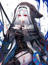 Rule 34 | 1girl, absurdres, arknights, black dress, black nails, black thighhighs, chinese commentary, commentary request, dress, garter straps, habit, hand up, highres, long hair, long sleeves, looking at viewer, mouth hold, nail polish, nun, red eyes, sheya, silver hair, smile, solo, specter (arknights), thighhighs, thighs, white background