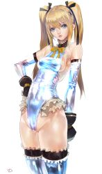 Rule 34 | 1girl, absurdres, arm behind back, armpits, bare shoulders, blonde hair, blue eyes, blue thighhighs, bow, bowtie, breasts, buckle, cameltoe, covered navel, cowboy shot, cross-laced clothes, dead or alive, dead or alive 5, detached sleeves, frilled thighhighs, frills, gloves, groin, hair between eyes, hair ornament, hair ribbon, hairclip, halterneck, hand on own hip, highleg, highleg leotard, highres, leotard, long hair, looking at viewer, marie rose, o-ring, parted lips, partially visible vulva, ribbon, shiny clothes, sideboob, sidelocks, signature, simple background, skin tight, small breasts, smile, solo, taut clothes, thighhighs, turtleneck, twintails, white background, white gloves, yd (orange maru)