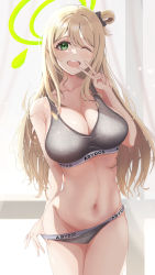 Rule 34 | 1girl, ;d, backlighting, blonde hair, blue archive, blush, bra, breasts, cleavage, commentary, cowboy shot, curtains, green eyes, grey bra, grey panties, groin, hair rings, halo, highres, indoors, kana (wucz8478), large breasts, light particles, long hair, looking at viewer, navel, nonomi (blue archive), one eye closed, open mouth, panties, panty pull, pulling own clothes, smile, solo, sports bra, standing, stomach, underwear, underwear only, v, window
