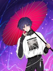 Rule 34 | 1boy, absurdres, black undershirt, blue eyes, chain, chain necklace, collared shirt, fashion, genshin impact, highres, long sleeves, looking at viewer, male focus, necklace, pale skin, pants, purple background, purple hair, scaramouche (genshin impact), shirt, shohje, short hair, solo, umbrella, white shirt