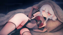 Rule 34 | 1girl, bare shoulders, bed, bed sheet, black gloves, blush, breasts, brown thighhighs, china dress, chinese clothes, cleft of venus, closed mouth, dress, elbow gloves, gloves, hair between eyes, hair bun, half-closed eyes, hat, highres, large breasts, long hair, looking at viewer, lying, nipples, no bra, no panties, on back, on bed, on side, original, pelvic curtain, pillow, pillow grab, pussy, pussy peek, red dress, red eyes, single hair bun, skindentation, small breasts, solo, thighhighs, thighs, underwear, wakaba (945599620), white hair