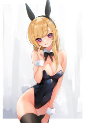 Rule 34 | 1girl, :p, absurdres, animal ears, bare shoulders, black bow, black bowtie, black leotard, black thighhighs, blonde hair, bow, bowtie, breasts, cleavage, commentary, covered navel, detached collar, fake animal ears, finger to cheek, highleg, highleg leotard, highres, index finger raised, large breasts, leotard, long hair, looking at viewer, original, playboy bunny, purple eyes, rabbit ears, rabbit tail, rifufu, solo, strapless, strapless leotard, swept bangs, symbol-only commentary, tail, thighhighs, tongue, tongue out, wrist cuffs