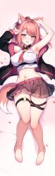 Rule 34 | 1girl, absurdres, animal ear fluff, animal ears, armpits, arms up, bare arms, bare legs, bare shoulders, barefoot, bed sheet, belt, black jacket, black skirt, braid, breast pocket, breasts, collared shirt, covered erect nipples, crop top, crop top overhang, dakimakura (medium), feet, fox ears, fox girl, fox tail, full body, hair ornament, hairclip, highres, jacket, large breasts, long hair, long sleeves, looking at viewer, lying, midriff, miniskirt, navel, necktie, off shoulder, on back, open clothes, open jacket, open mouth, petals, pink hair, pleated skirt, pocket, ponytail, propro production, sakuya azusa, shirt, short necktie, skindentation, skirt, sleeveless, sleeveless shirt, solo, stomach, sugiki, tail, tearing up, thigh strap, thighs, toes, virtual youtuber, white shirt, yellow eyes