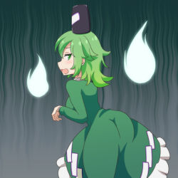 Rule 34 | 1girl, ass, breasts, cato (monocatienus), commentary request, dress, frilled dress, frills, from behind, green dress, green eyes, green hair, hat, hitodama, large breasts, long dress, long hair, long sleeves, looking at viewer, looking back, open mouth, soga no tojiko, solo, tate eboshi, touhou