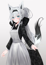 Rule 34 | 1girl, :3, absurdres, alternate costume, animal ear fluff, animal ears, apron, black bow, black dress, blue eyes, bow, braid, camouflage dress, closed mouth, commentary, crossed bangs, dress, enmaided, fang, fox ears, fox tail, grey background, hair between eyes, hair bow, hairband, highres, hololive, long hair, maid, micon, ponytail, shirakami fubuki, side braid, silver hair, simple background, single braid, smile, solo, standing, tail, virtual youtuber