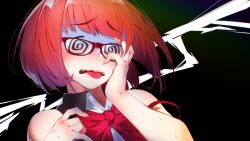 Rule 34 | 1girl, @ @, black background, blunt bangs, bob cut, bow, bra strap, close-up, fangs, game cg, hair ornament, hairpin, hand on own cheek, hand on own face, highres, joo mi-ra, miracle snack shop, non-web source, official art, open mouth, orange hair, pink background, pink lips, purple-framed eyewear, raised eyebrows, rectangular eyewear, red bow, shirt, short hair, sleeveless, sleeveless shirt, solo, strap slip, sweat, sweatdrop, tongue, tongue out, turn pale, ukero, white shirt