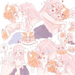 Rule 34 | 1boy, 1girl, @ @, animal ear fluff, animal ears, blanket, blush, breasts, cocotsuko1204, collarbone, commentary request, completely nude, dog ears, dog tail, embarrassed, french kiss, genshin impact, gorou (genshin impact), gradient hair, green eyes, hetero, highres, hugging another&#039;s tail, hugging tail, kiss, long hair, looking at another, motion lines, multicolored hair, nipples, nude, one eye closed, pink hair, sangonomiya kokomi, small breasts, tail