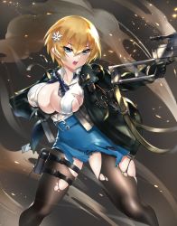 Rule 34 | 1girl, black pantyhose, blonde hair, blue eyes, bow, bowtie, breasts, cawang, cowboy shot, dress, girls&#039; frontline, gun, hair ornament, holding, holding weapon, large breasts, leggings, magazine (weapon), mole, mole under eye, open mouth, pantyhose, radio, reloading, rifle, scope, short hair, smoke, sniper rifle, snowflake hair ornament, torn clothes, torn legwear, trigger discipline, vsk-94, vsk-94 (girls&#039; frontline), weapon