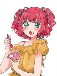 Rule 34 | 1girl, :o, aqua eyes, black ribbon, blush, commentary, cup, dochizame-chan (araburumochi), earrings, food, food on face, frilled shirt, frills, hair ribbon, holding, holding cup, holding spoon, ice cream cup, jewelry, jpeg artifacts, kurosawa ruby, lace, lace-trimmed shirt, lace trim, looking at viewer, love live!, love live! sunshine!!, nail polish, pink nails, red hair, ribbon, shirt, simple background, solo, spoon, two side up, upper body, wavy hair, white background, yellow shirt