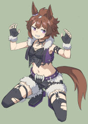 Rule 34 | 1girl, absurdres, animal ears, belt, black footwear, black gloves, black shirt, black thighhighs, blush, boots, breasts, brown hair, cleavage, collar, commentary request, fingerless gloves, full body, fur-trimmed gloves, fur trim, gloves, grey background, highres, horse ears, horse girl, horse tail, jacket, legwear garter, looking at viewer, mimi e777, navel, open clothes, open jacket, open mouth, purple eyes, purple jacket, shinko windy (umamusume), shirt, short hair, simple background, sleeveless, sleeveless jacket, small breasts, smile, solo, squatting, tail, thighhighs, torn clothes, torn shirt, torn thighhighs, umamusume