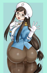 Rule 34 | 1girl, anus, ass, bespectacled, brown eyes, brown hair, censored, cosplay, from behind, genshiken, glasses, gloves, gusset, hat, huge ass, long hair, looking back, low-tied long hair, mole, mole under eye, mosaic censoring, no panties, no pants, oono kanako, pantyhose, ponytail, pussy, reflection, sidelocks, solo, thighband pantyhose, uniform, uraharukon