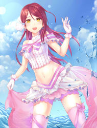 Rule 34 | 10s, 1girl, absurdres, blush, cloud, day, earrings, eyebrows, gloves, hair ornament, highres, jewelry, long hair, looking at viewer, love live!, love live! sunshine!!, negi3, open mouth, outdoors, pink thighhighs, red hair, sakurauchi riko, skirt, sky, solo, standing, thighhighs, water, yellow eyes