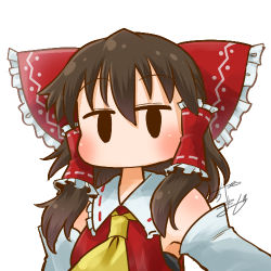 Rule 34 | 1girl, arm up, ascot, profile picture, bare shoulders, blush, bow, brown hair, chamaji, close-up, commentary request, detached sleeves, frilled bow, frills, hair between eyes, hair bow, hair tubes, hakurei reimu, jitome, looking at viewer, lowres, nontraditional miko, short hair, sidelocks, signature, simple background, solid oval eyes, solo, touhou, upper body, white background, yellow ascot