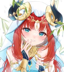 Rule 34 | 1girl, absurdres, aqua eyes, bare shoulders, blue gemstone, blush, brooch, circlet, commentary request, detached sleeves, gem, genshin impact, grin, hands up, highres, horns, jewelry, leaf, long hair, long sleeves, looking at viewer, neck ring, nilou (genshin impact), parted lips, portrait, red hair, sidelocks, simple background, smile, solo, tsuyuri eri, twintails, vambraces, veil, water drop, white background