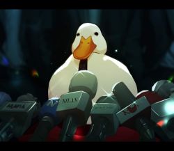 Rule 34 | 2others, animal, artist name, bird, black eyes, black necktie, blurry, blurry background, duck, letterboxed, looking at viewer, mafiaduck (nilan), microphone, multiple others, necktie, nilan 1999, original, solo focus