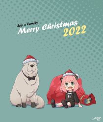 Rule 34 | 1girl, 1other, anya (spy x family), black dress, bond (spy x family), bow, child, christmas, dog, dress, green eyes, hairpods, hat, highres, i am bankman, long sleeves, open mouth, pink hair, sack, santa hat, shoes, smile, spy x family